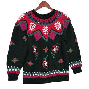Vintage Heirlooms Handknit Cotton Bl Colorful Winter Sweater Fair Isle Jumper M